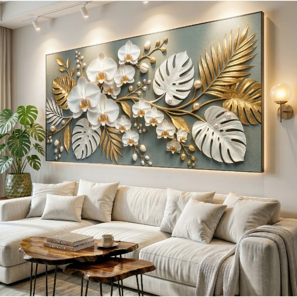 Quadro Decorativo 80x110cm Vitral Flores Dourada Decoração de Parede Hall Luxo Sala Quarto MDF