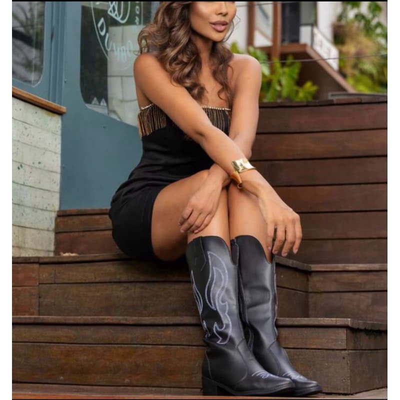 Bota Feminina Cano Alto Western Bordado Ref (0001)