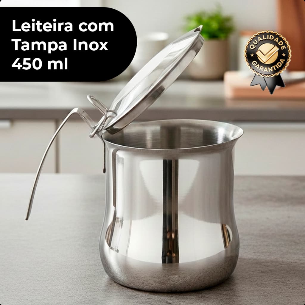 Leiteira com Tampa Inox 450 ml Resistente Água Chá Café Durabilidade