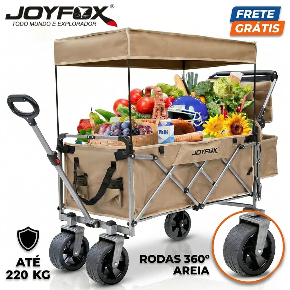 Carrinho Multiuso Dobrável JOYFOX C/ Teto Para Camping Praia Pesca Suporta 220kg Rodas 360°