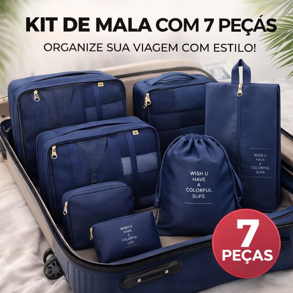 Kit 7 Peças Organizadores para Mala Viagem, Bolsa, Mochila, Impermeável - Poliéster Grandes e Médias
