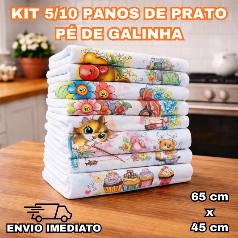 Pano de Prato Kit 5/10 Pé de Galinha 100% Algodão Alta Absorção Cozinha Louça Pia Estampado Macio Grosso Limpeza