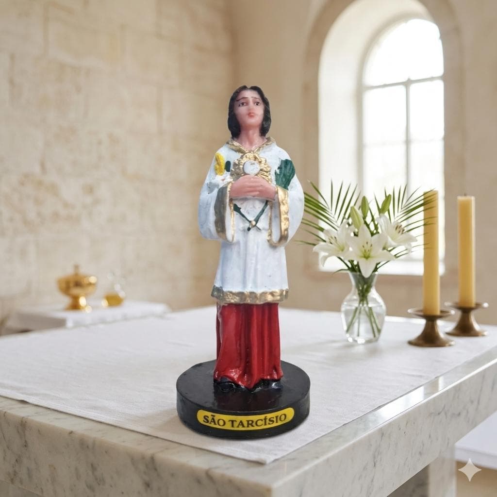 Imagem São Tarcísio Resina 15cm Pintada à Mão Decoração Religiosa Presente Católico Artesanal