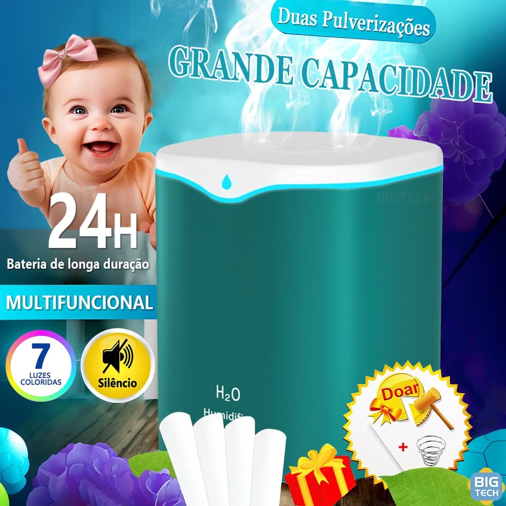 Umidificador De Ar E Aromatizador Grande 2l Purificador 24 Horas Com 2 Saídas De Ar E Led Dormir Benefícios Saúde