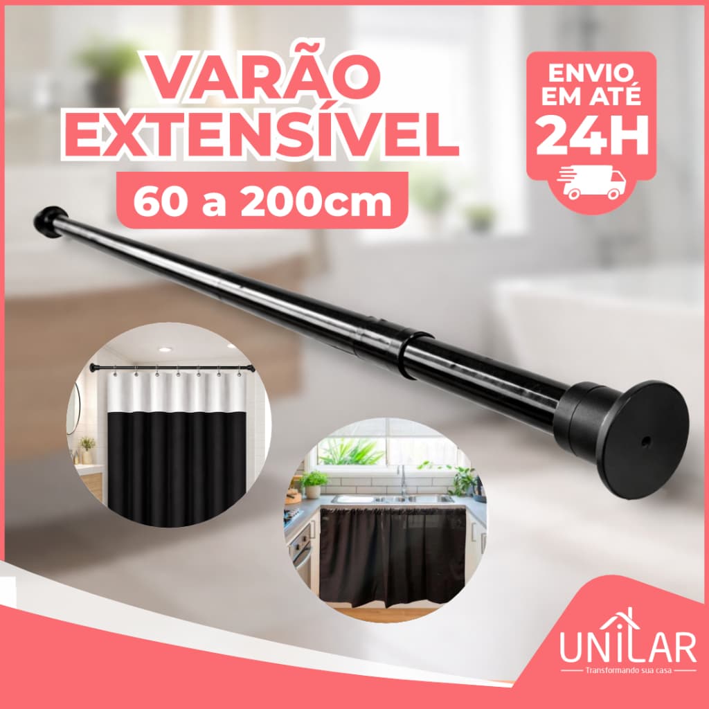 Varão Extensível Ajustável 60cm a 2m para Cortina, Box Banheiro e Suporte Cabides para Armario / Roupa - Cores Variadas