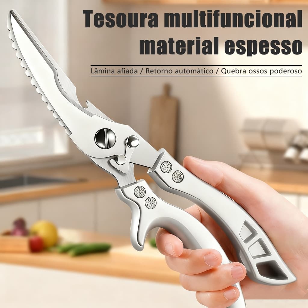 Tesoura de Cozinha Inox Profissional, Multiuso para Frango, Carnes, Legumes e Aves