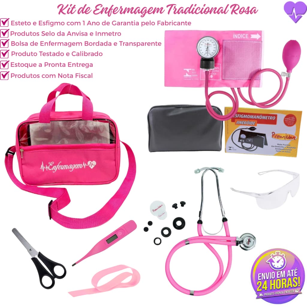 Kit de Enfermagem na Bolsa Tradicional Bordada e com Transparência (8 Itens)