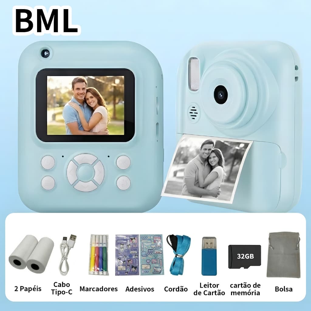 BML Câmera De Impressão Instantânea Infantil Vídeo Fotografia Digital HD Impressora Térmica com Cartão de 32GB