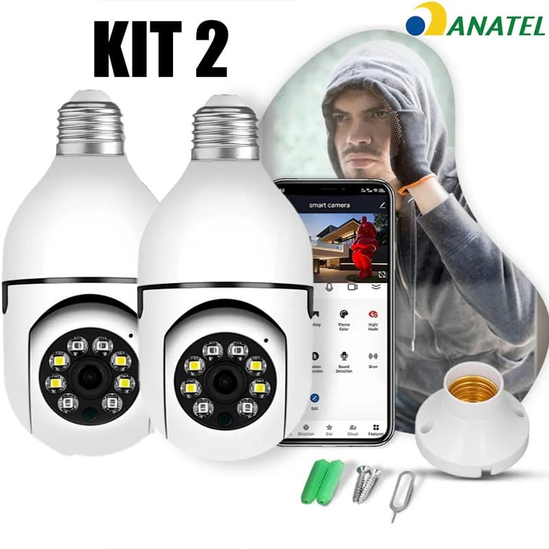 KIT Câmera Segurança Wi-Fi 360 Infravermelho Prova D'água visão notturna Lâmpada Sem Fio 8177