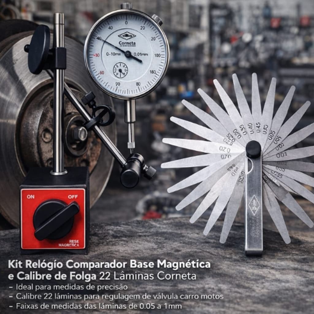 Relogio Comparador 0,01mm 0,10mm C/ Orelha Calibre De Folga 22 Base Magnetica Articulada Ajuste Fino