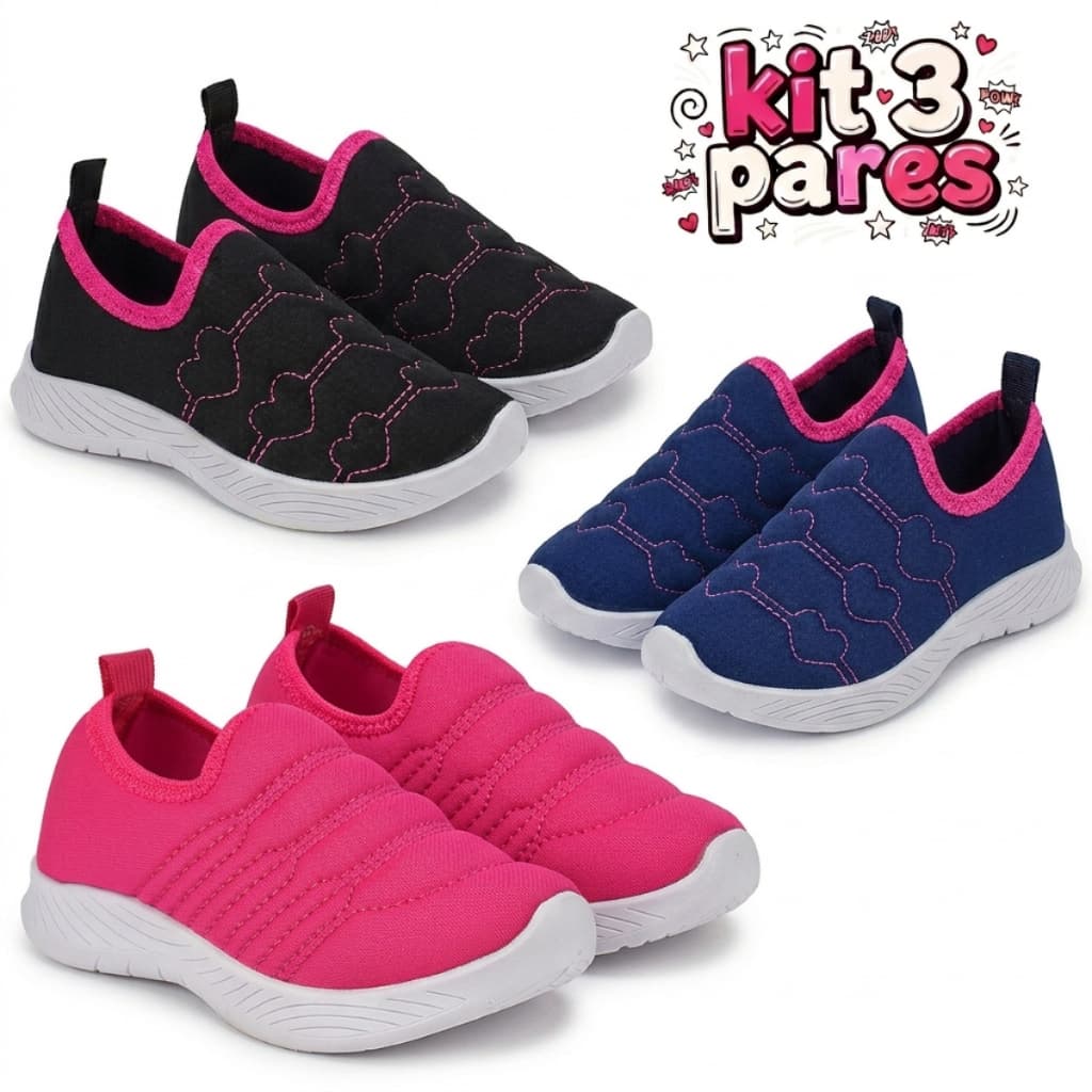 Kit 3 Tênis Infantil Menina Calce Fácil Flexível Antiderrapante Dia a Dia Escolar