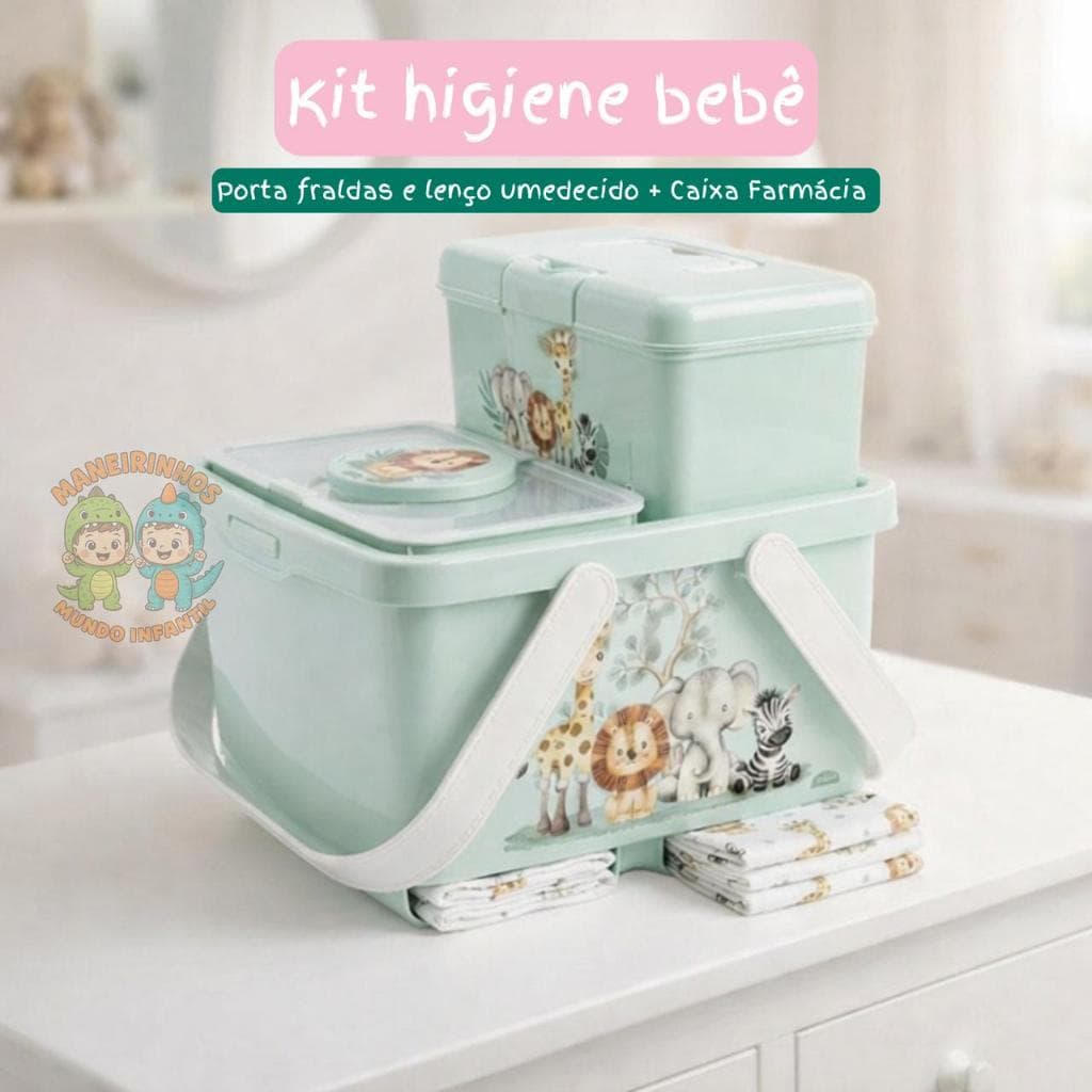 Kit Trocador Caixa Organizadora Fraldas + Caixa Farmácia e Porta Lenço Umedecido Bebê Alça Plasútil