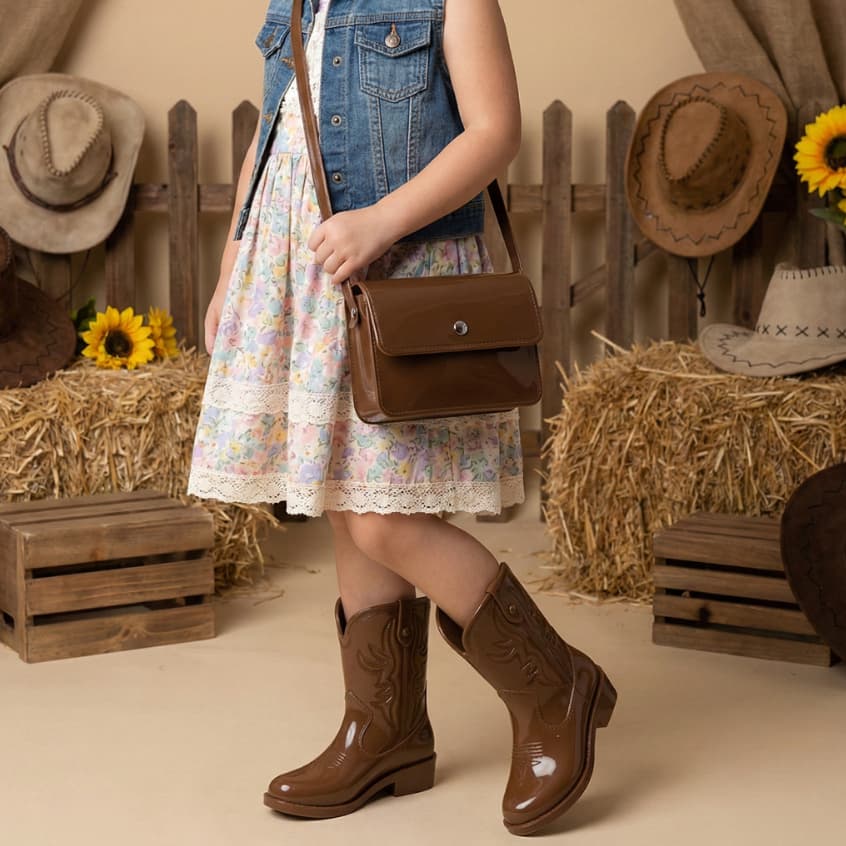 Kit Bota Texana Infantil Feminina Brilho + Bolsa Infantil Alça de Ombro