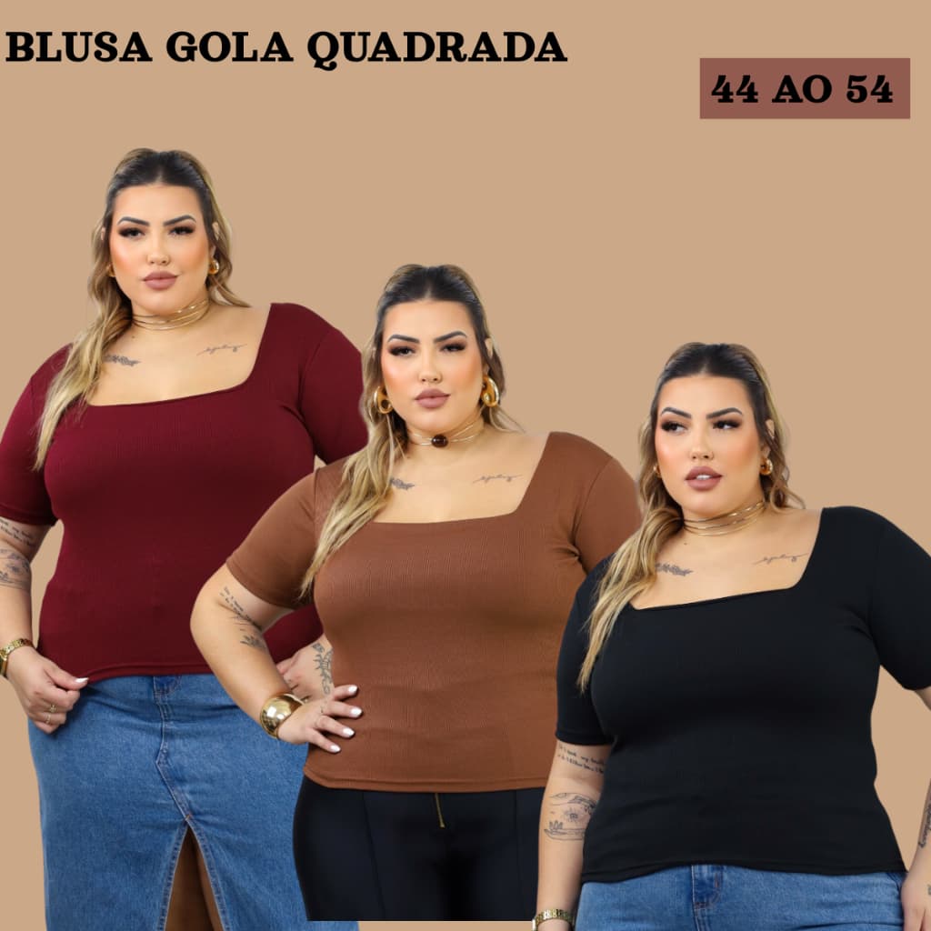 Blusa Decote Quadrado Plus Size Manga Alongada 44 ao 54 Moda Feminina Tendência Verão curve curvy