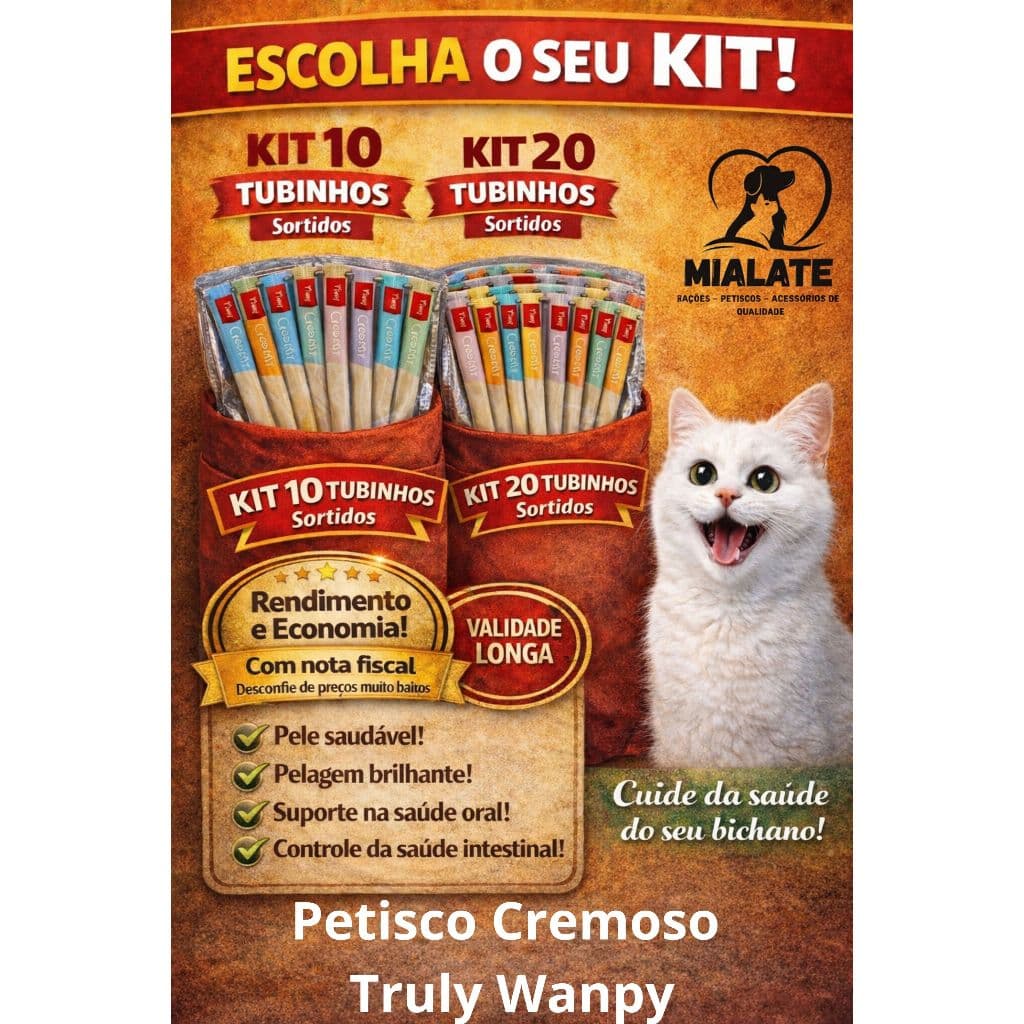 Petisco Truly Wanpy Creamy Gatos – 10 ou 20 Tubinhos | Cremoso Tipo Churu | 4 Sabores Sortidos