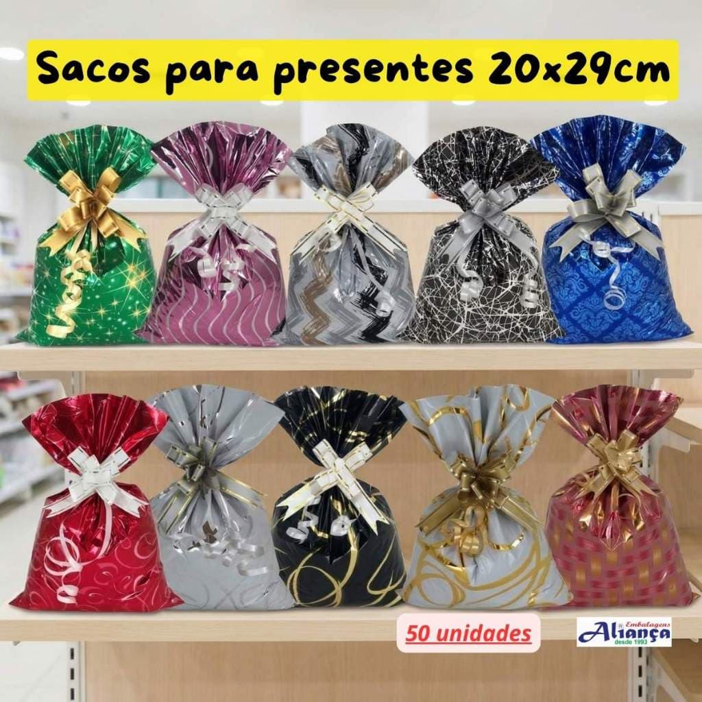 50 sacos de presente 20x29cm BOPP metalizados embalagem para presente