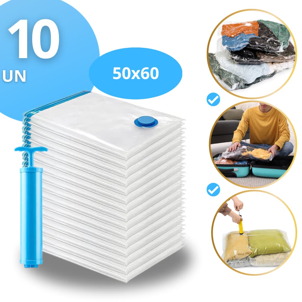 Kit 5/10 Saco A Vácuo 50x60 COM ou SEM Bomba Organização Para Roupas Viagem