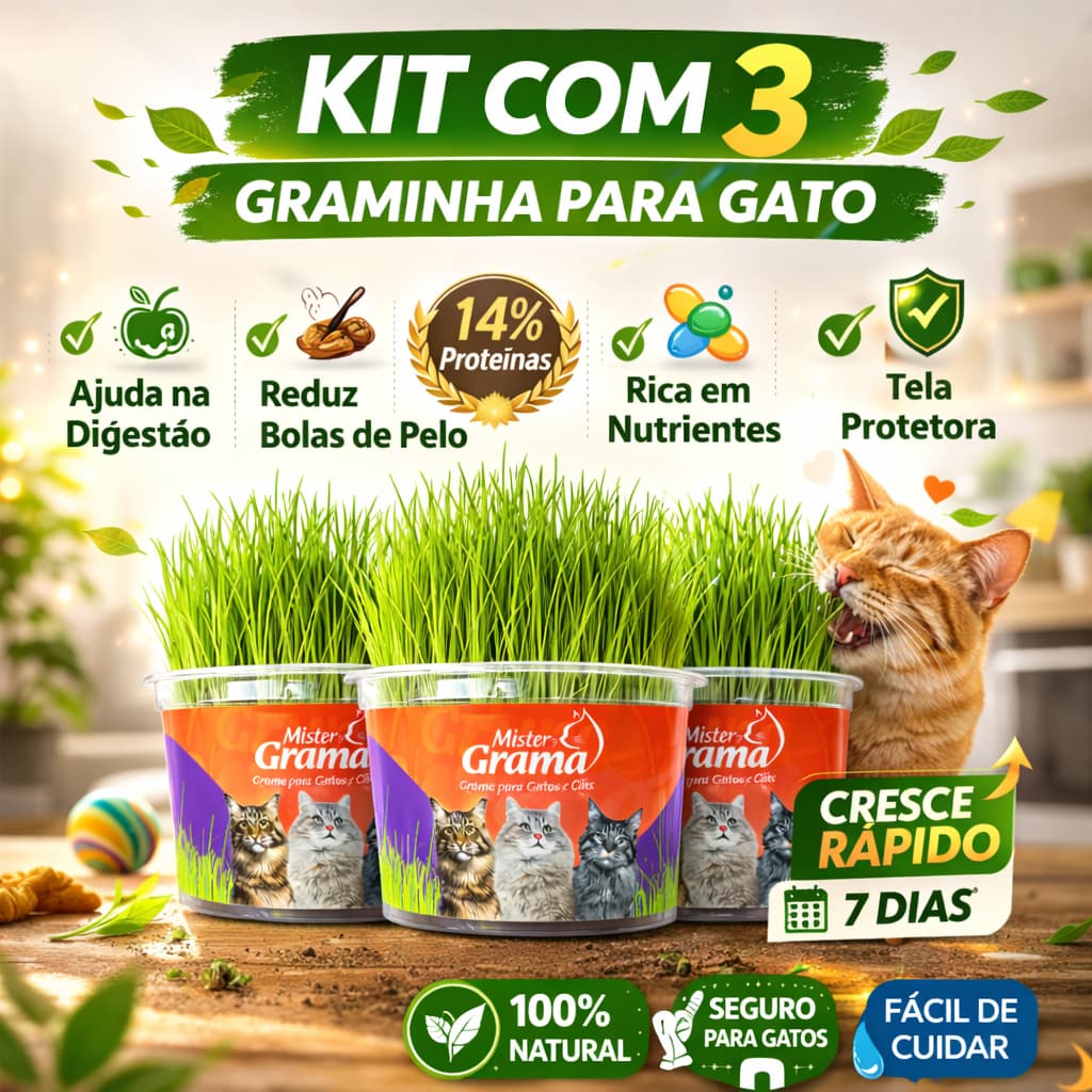 Grama Para Gato Mister C/ 3 Unidades – Auxilia na Digestão e Bola de Pelo / Fácil de Plantar