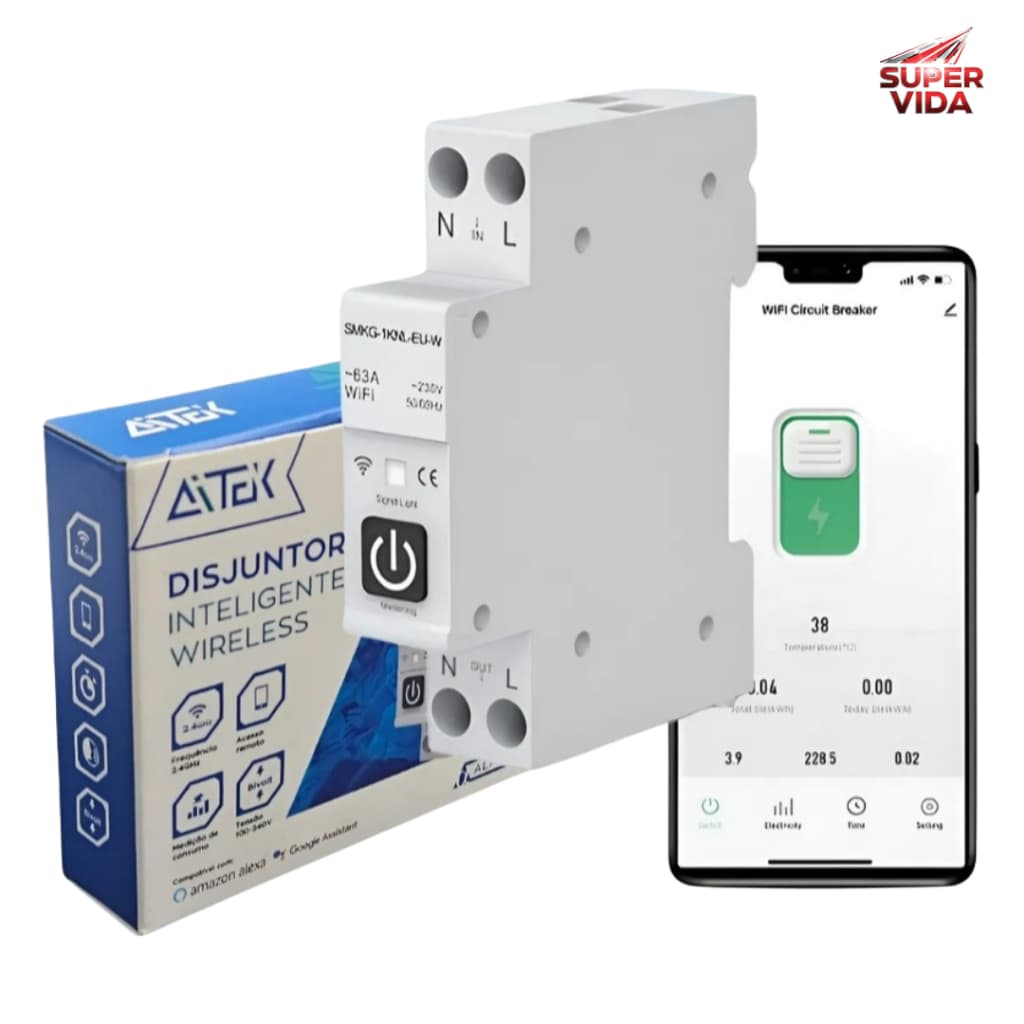 Disjuntor Inteligente Wifi Unipolar 63A 110/220V Controle Por App E Voz Alexa Google