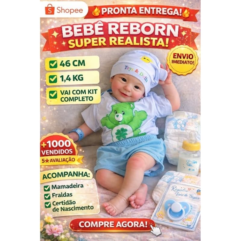 Bebê Reborn 46cm 1,4kg Super Realista Corpo de Tecido + Kit Completo Pronta Entrega