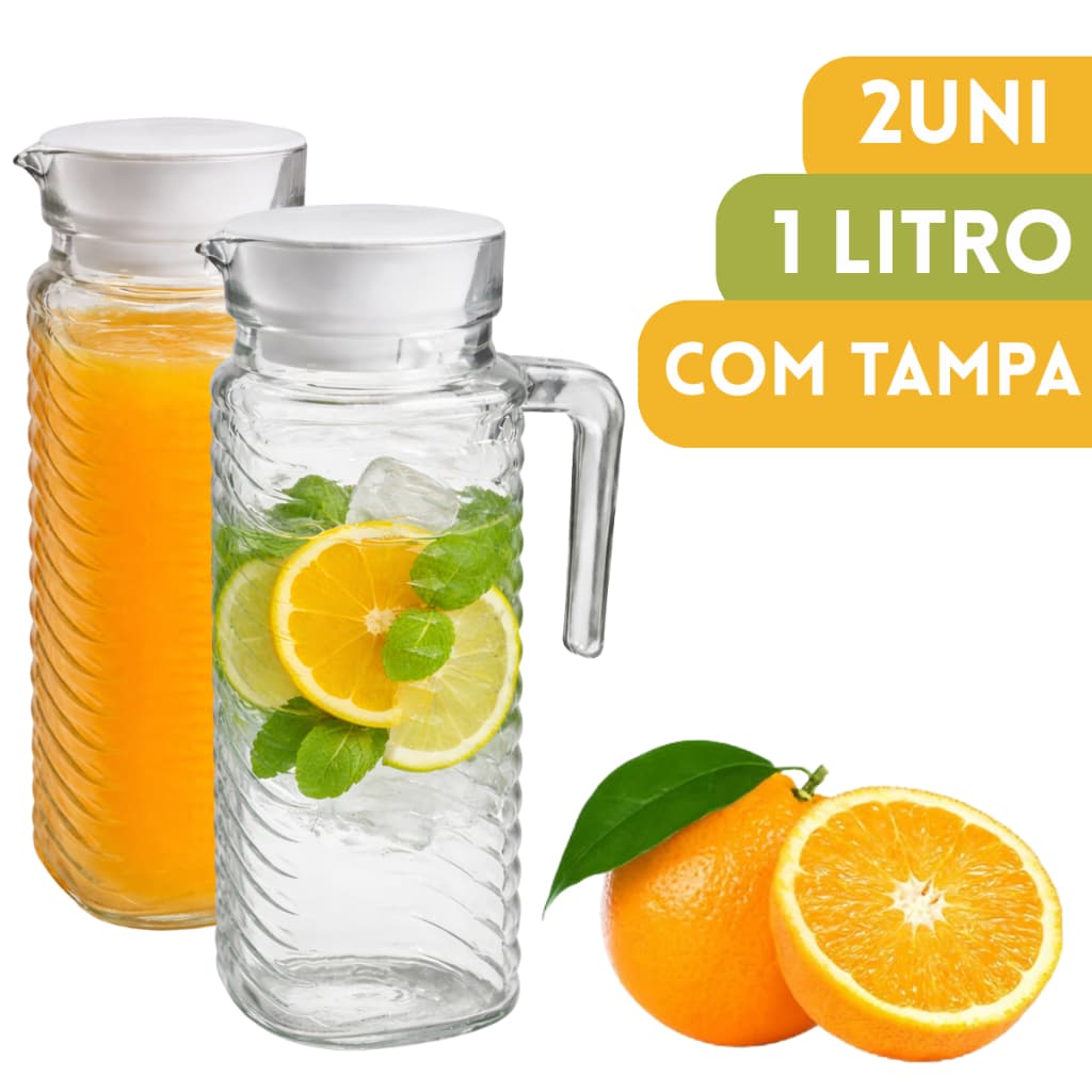 Kit Jarra de Vidro Suco Suqueira 1 Litro com Tampa Suiça Alça Transparente