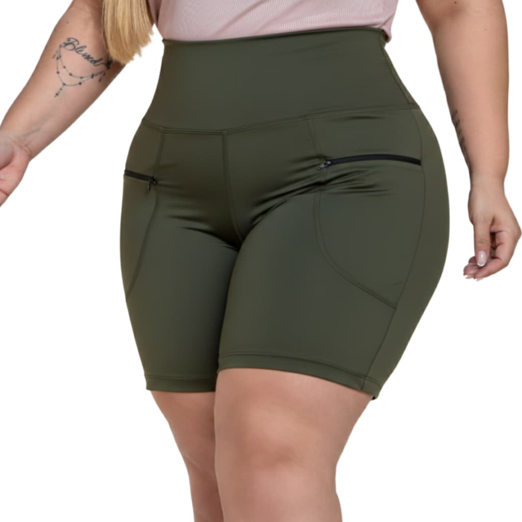 Short Feminino Bolso Zíper Legging Montaria GG ao G4 Cós Alto Fitness Suplex Para Academia