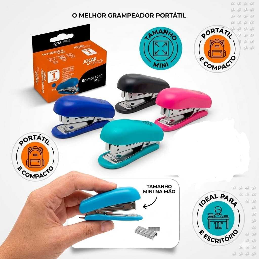 Mini Grampeador Rosa ou Azul Jocar Office Portátil 12 Folhas