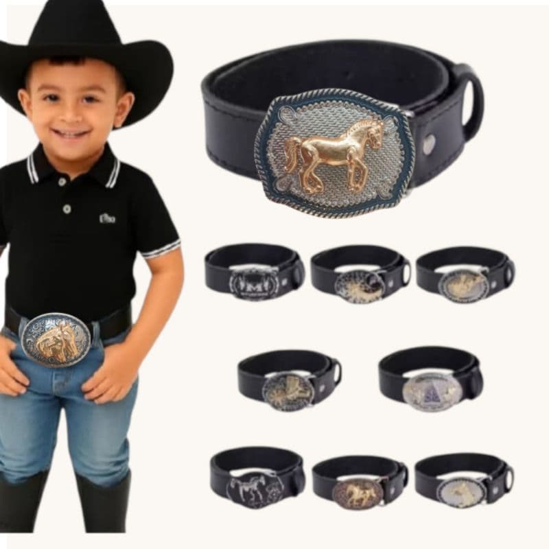 Cinto Infantil Cowboy Rodeio com Fivela Western – Meninos 3 a 12 anos – Cor Preta