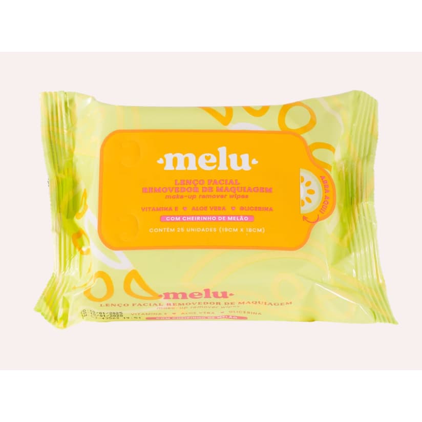 Lenço Demaquilante Melu Melão 25 Unidades | Removedor de Maquiagem Vitamina E Aloe Vera Limpeza Facial