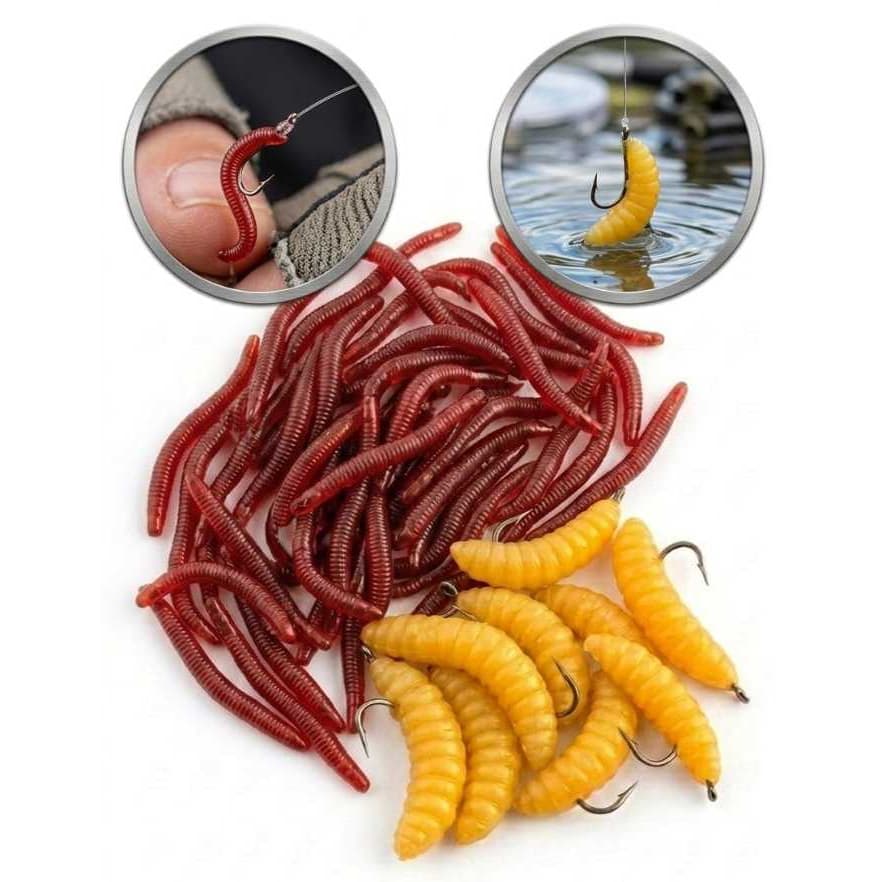 Kit 60 Iscas Artificiais Minhoca Bicho Laranja Pesca Tilapia Pacu Carpa Rio Curimba Pesqueiro Chinu