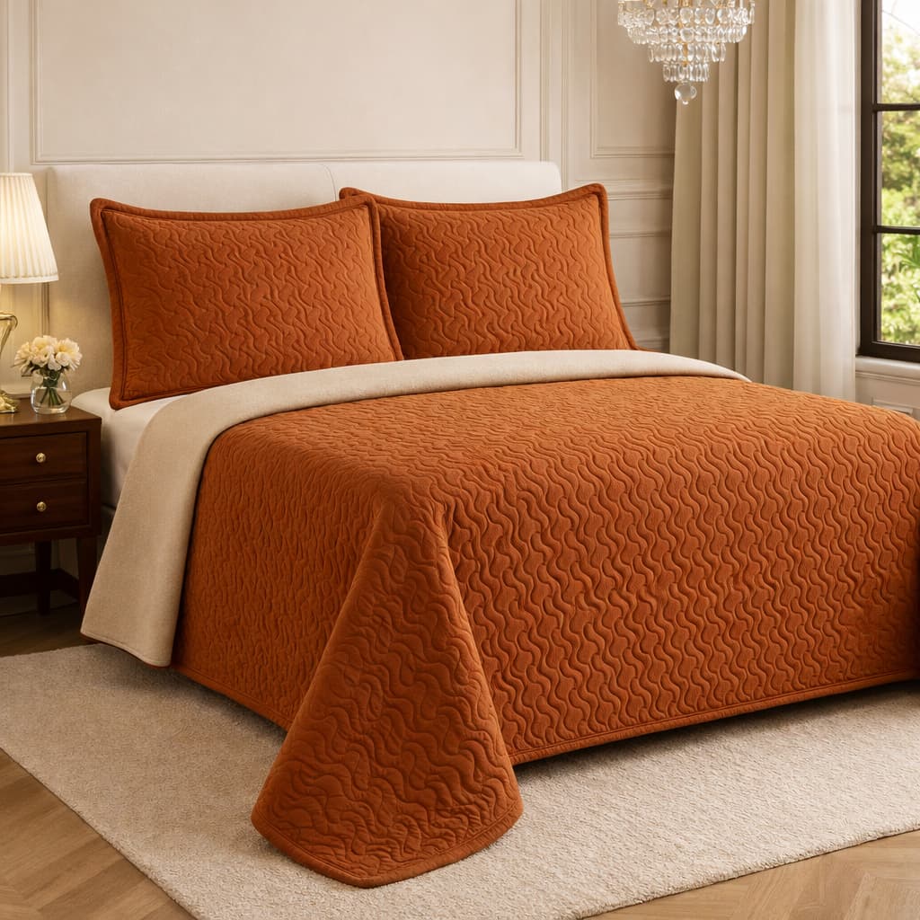 KIT COLCHA CASAL QUEEN COBRE LEITO METALADO DUPLA FACE 3 PEÇAS