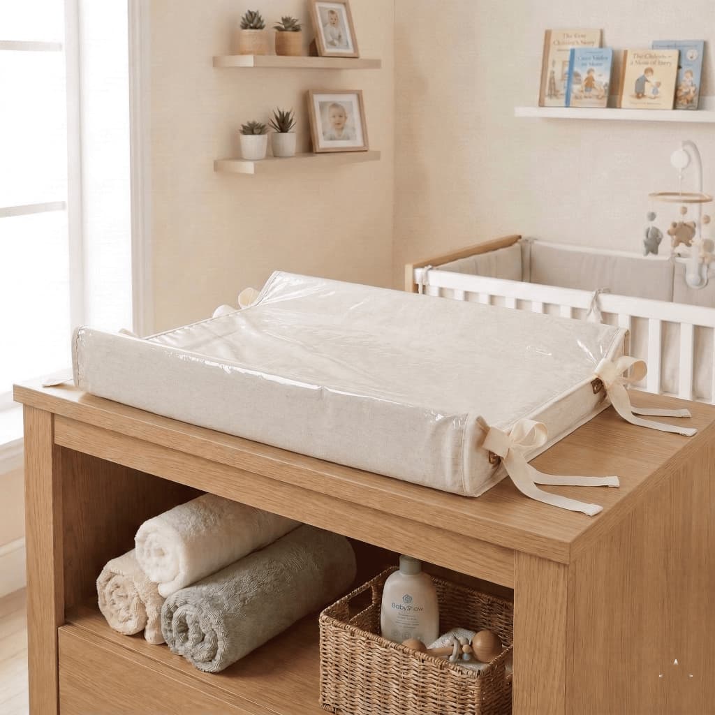 Trocador de Bebê Cômoda Americano Bege Linho 100% Algodão Batistela Baby