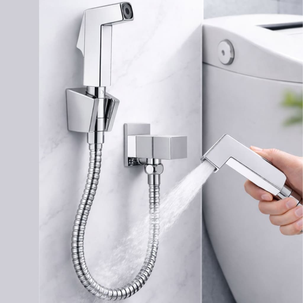 Kit Ducha Higiênica Luxo Quadrada Metal e Gatilho ABS 1/4 de Volta para Banheiro