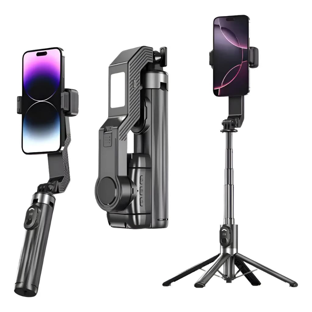 Estabilizador Gimbal 3 em 1 para Celular com Rastreamento Facial IA 360° Tripé Extensível Luz de Preenchimento