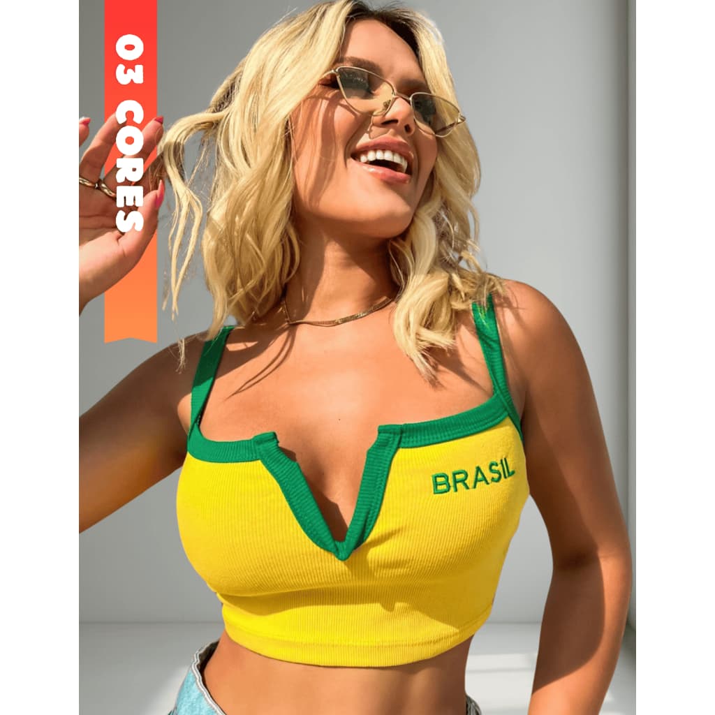 Cropped Feminino Edição Brasil Alcinha Decote V Top Ribana Canelado