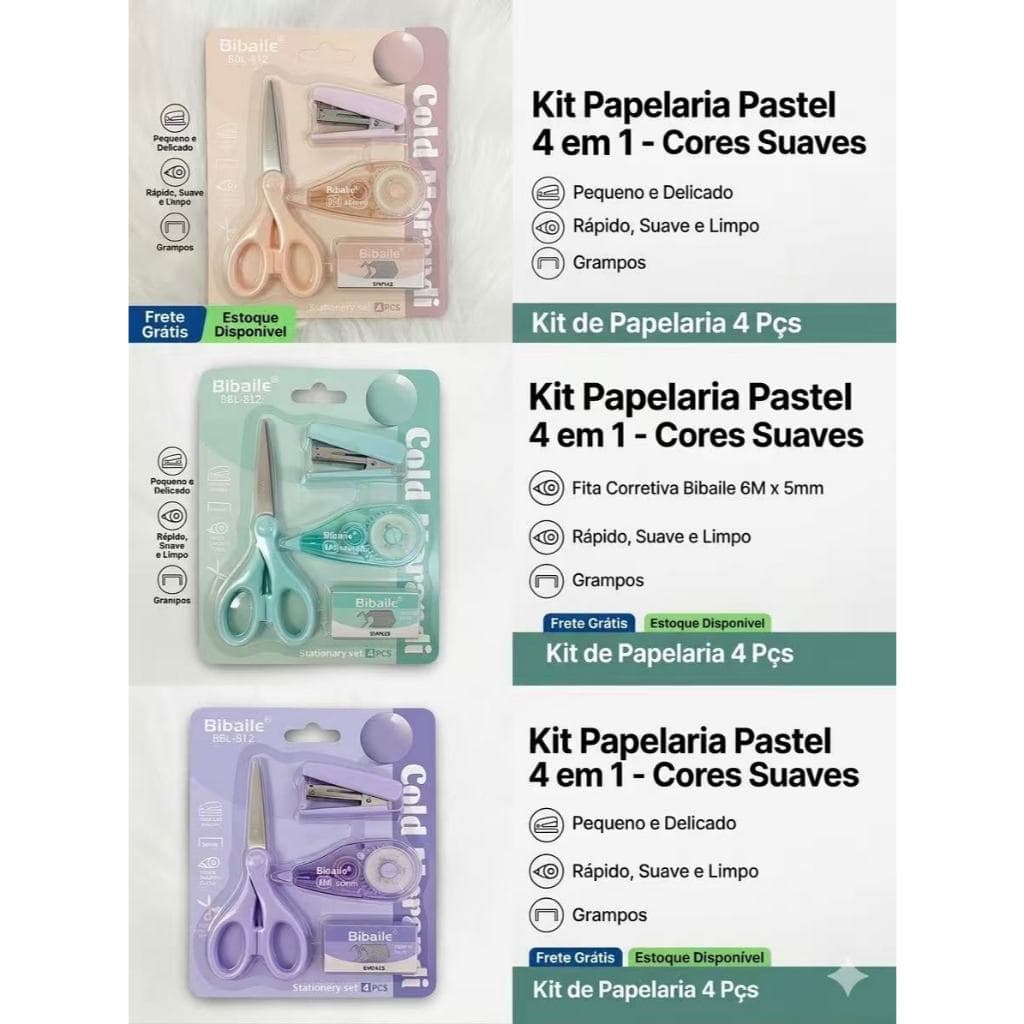 O kit de papelaria inclui cortador, grampeador e fita corretiva para escritórios escolares
