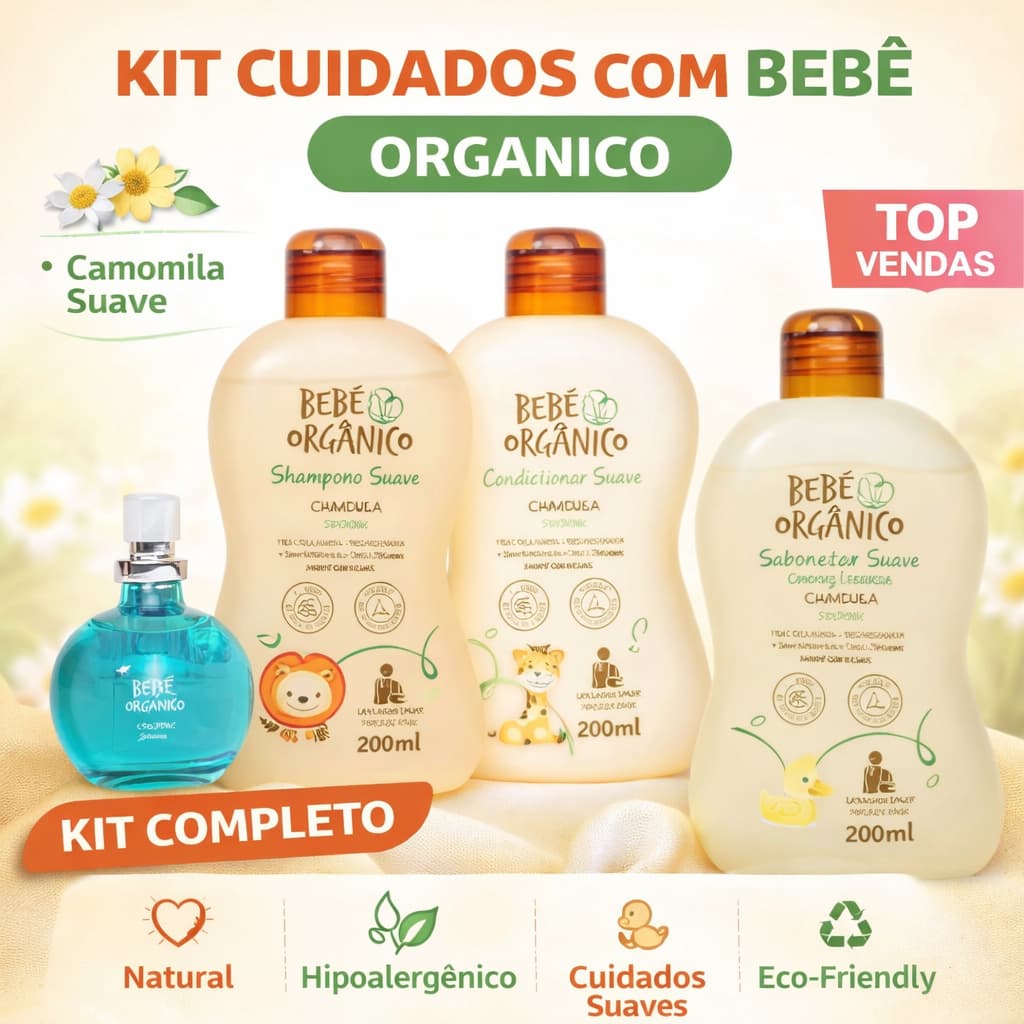 Kit Bebê Orgânico Shampoo Condicionador Sabonete Líquido Colônia Camomila Suave Higiene Bebê Completo