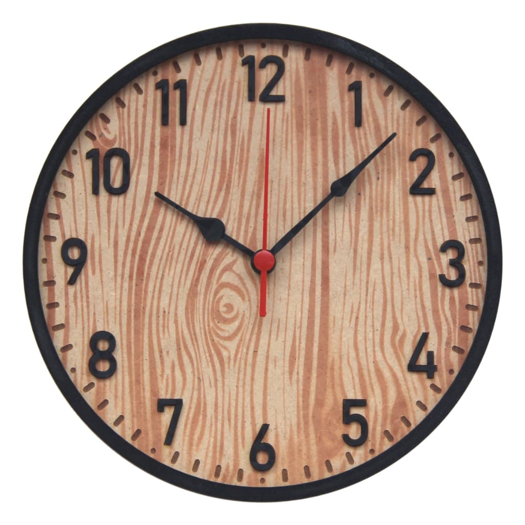 Relógio de Parede Redondo com Textura Amadeirada e Moldura Preta 25cm