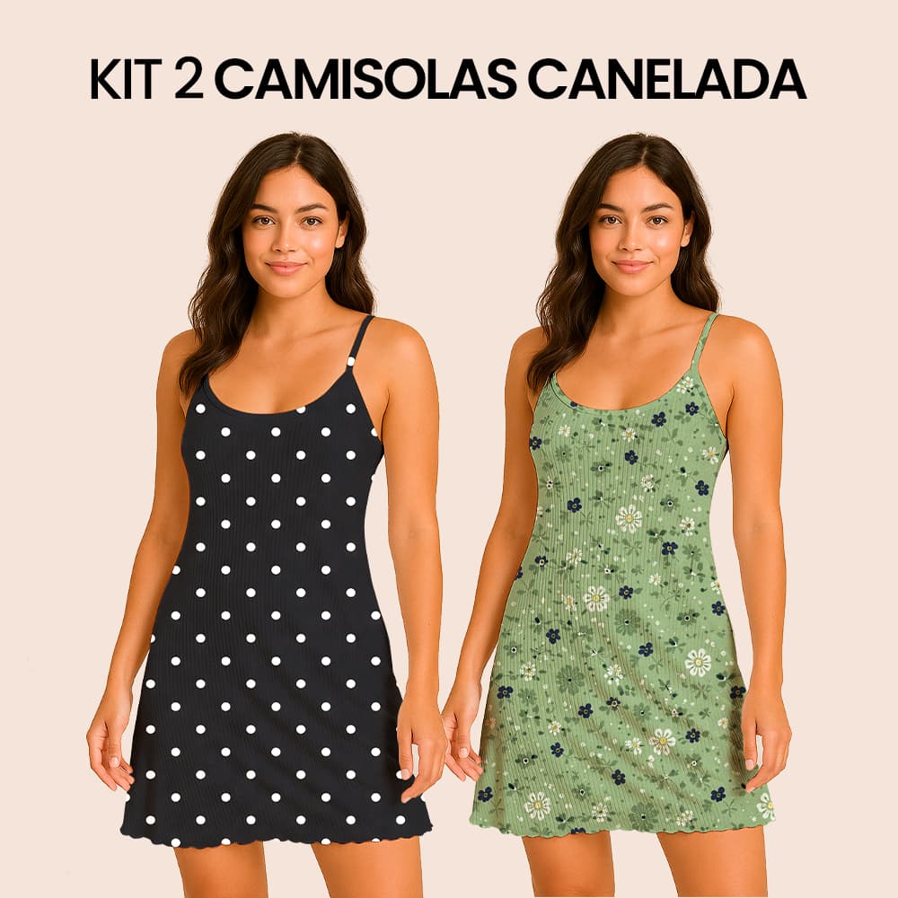 Kit 2 Camisolas Pijama Femininas Estampadas em Suede Canelado – Tamanhos P ao GG