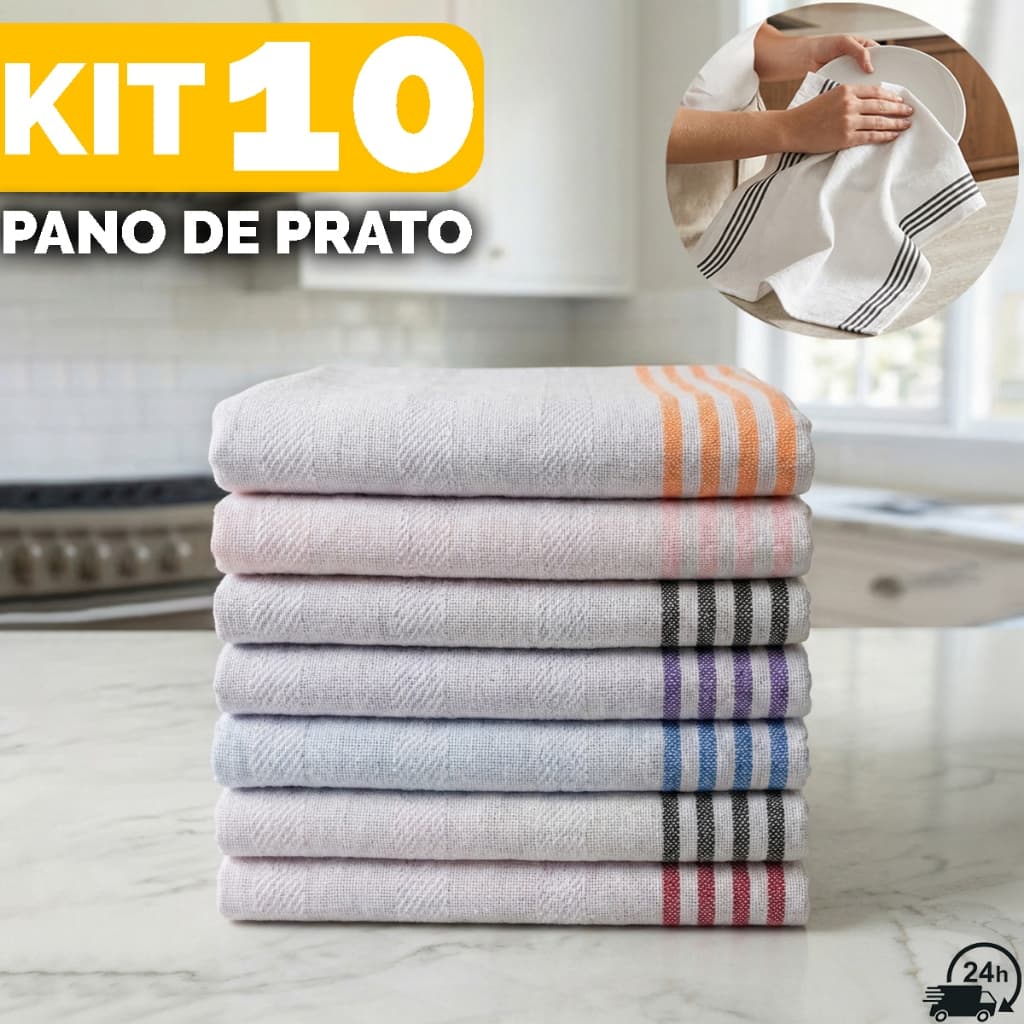 Kit 10 Panos De Prato Listrado Cozinha Algodão Macio Pano De Copa Premium