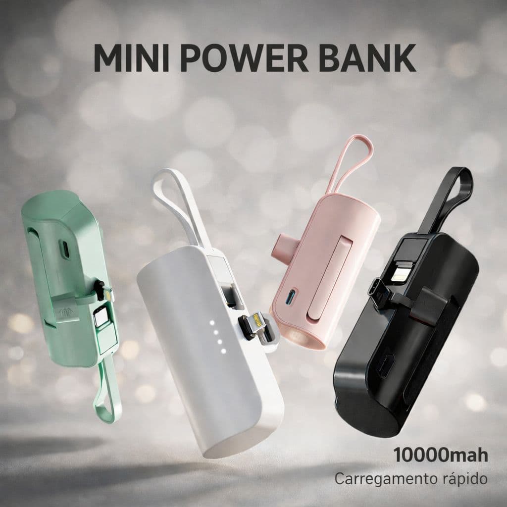 Mini Power Bank 10000mAh Portátil Com Cabo Lightning e Tipo-C Carregamento Rápido iPhone Android