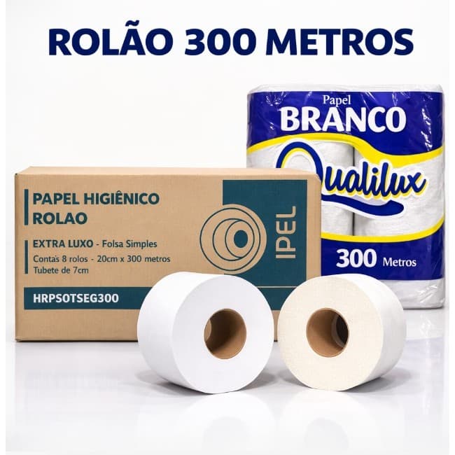 Papel Higiênico Rolão 300 metros c/ 8 Rolos Ipel Qualilux Caixa Institucional Folha Simples Branco Celulose Econômico