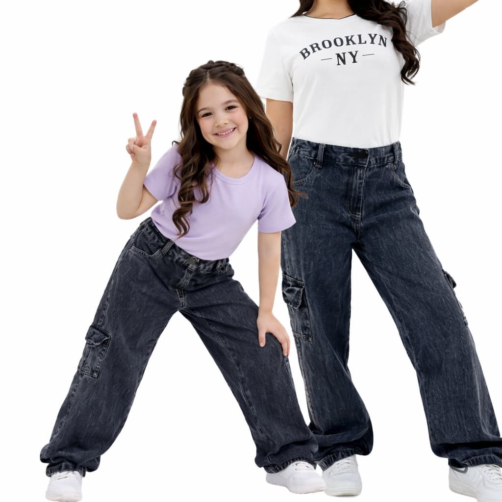 Calça Jeans Cargo Feminina Premium Infantil e Juvenil Calça Jeans Grafite Com Bolsos Para Meninas