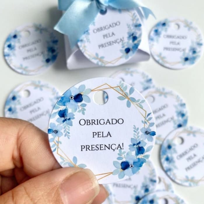 Tag Azul Serenity Lembrancinha Casamento Aniversário Debutante Frase Obrigado pela presença