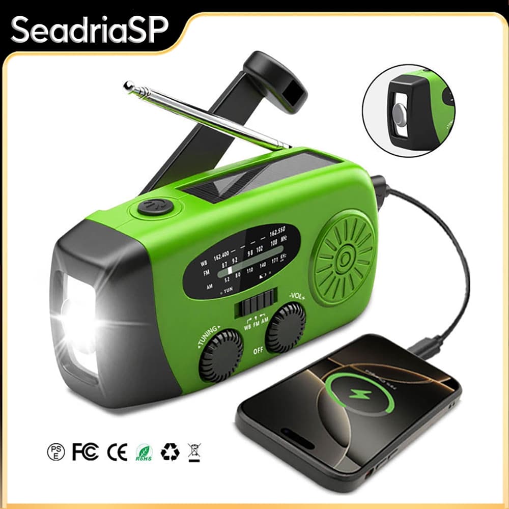 Rádio de Emergência com Manivela e Solar 1200mAh - Lanterna com 3 Luzes LED para Emergência