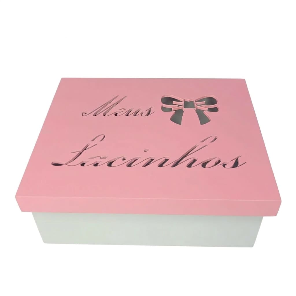 Caixa Meus Lacinhos 100% MDF (20x16x08) Rosa/Branco