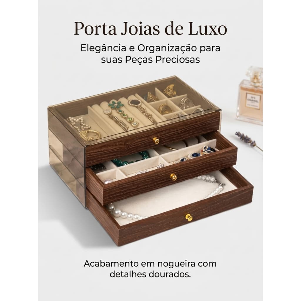 Porta-Joias de Madeira Nogueira Luxo com 3 Compartimentos Organizador Decorativo para Anéis, Colares e Brincos