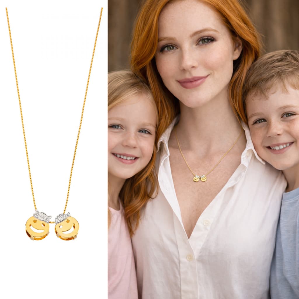 Colar De Filhos Com 2 Pingentes Menino Menina Banhando Ouro