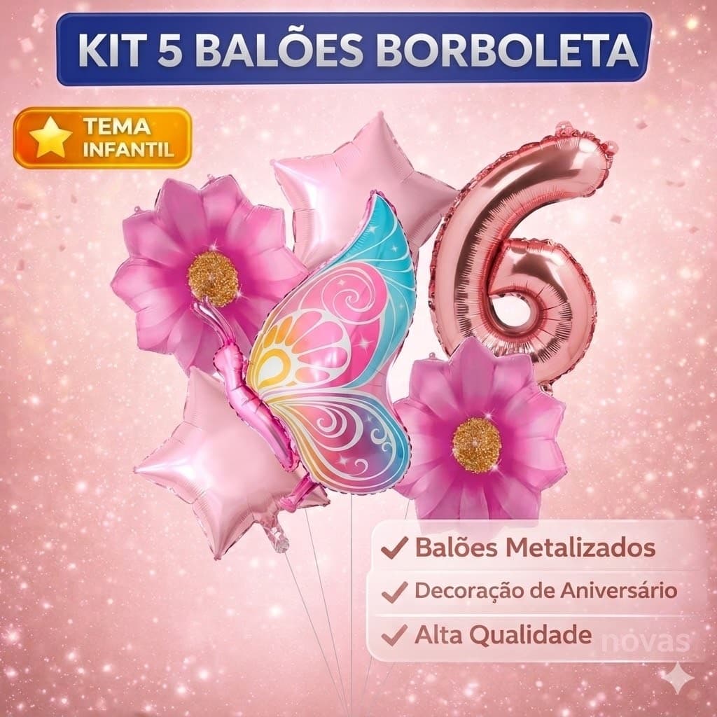 Kit 5 Balões Metalizados Estrela e Borboleta Rosa + 1 ou 2 Números