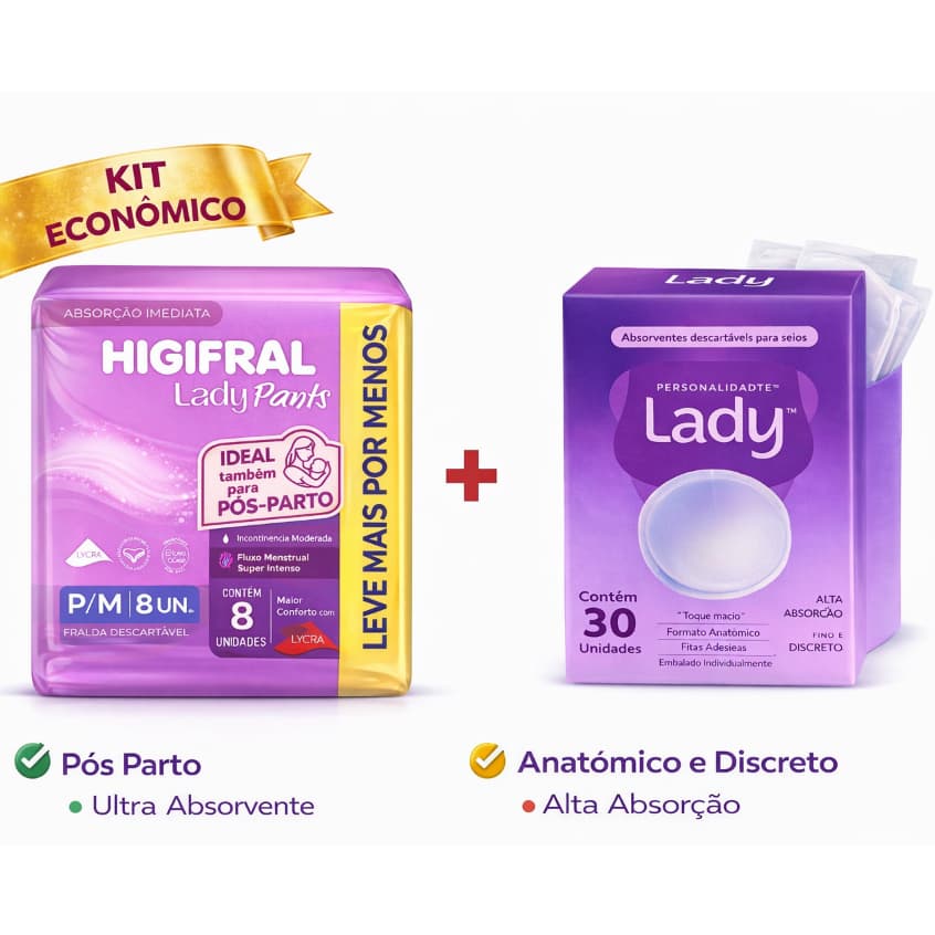 Kit Roupa Intima Lady Fralda Geriátrica Pôs Parto 8 un Higifral Pants e Absorvente para seios 30un